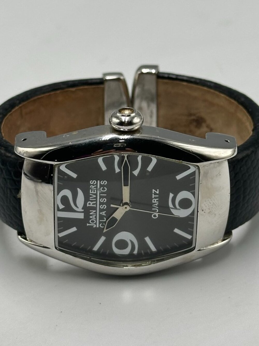 Joan Rivers Watch Women Silver Tone Black Cuff Leather Band New Battery 6.75"
